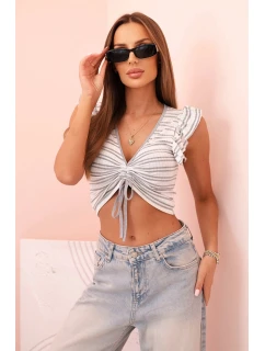 Dámská pruhovaná blůza s nařasením a volánky šedá