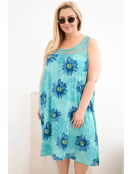 Dámské šaty Plus Size z viskózy s květinovým vzorem a krajkovým výstřihem mentolová Dámské šaty Plus Size z viskózy s květinovým vzorem a krajkovým výstřihem mentolová