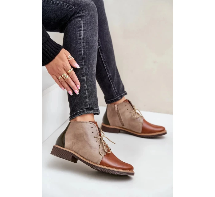 Zateplené Kožené Kotníkové Boty Na Ploché Podpatku Hnědé Moreto Zateplené Kožené Kotníkové Boty Na Ploché Podpatku Hnědé Moreto