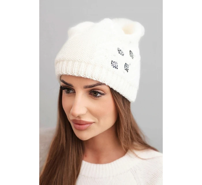 Dámská zimní čepice vlněná s krystaly a vzorem model 21859341 mocca - K-Fashion
