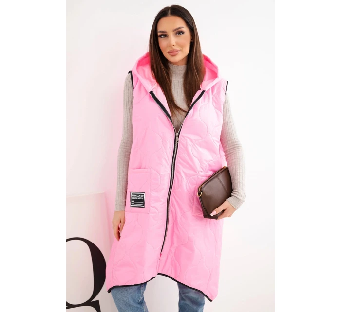 Dámská prošívaná vesta Plus Size s kapucí na zapínání cukrově růžová