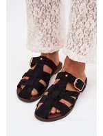 Dámské ploché nazouváky s pásky a zlatým přezkou Černé model 22032112 - Boto