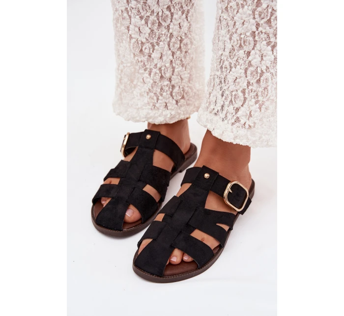 Dámské ploché nazouváky s pásky a zlatým přezkou Černé model 22032112 - Boto