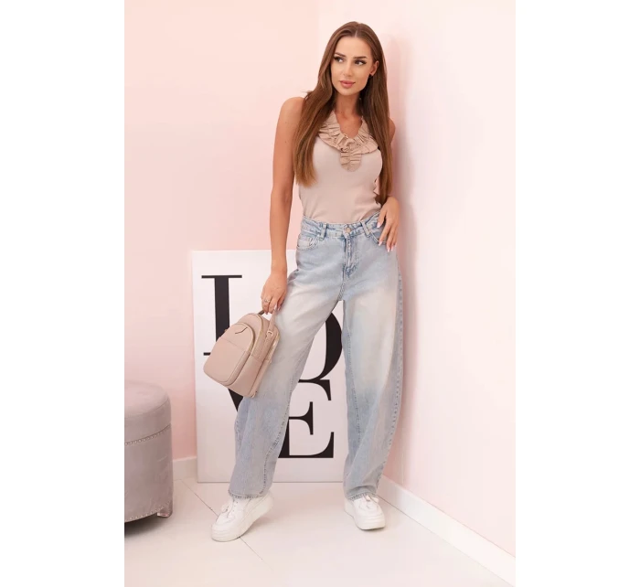 Dámská model 21222175 blůza s volánem u výstřihu pruhovaná béžová - K-Fashion