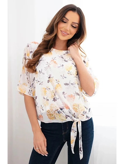 Dámská halenka s květinovým vzorem a vázáním dole žlutá