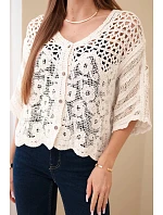 Dámský bavlněný prolamovaný svetr zapínaný na knoflíky s krátkým rukávem béžový