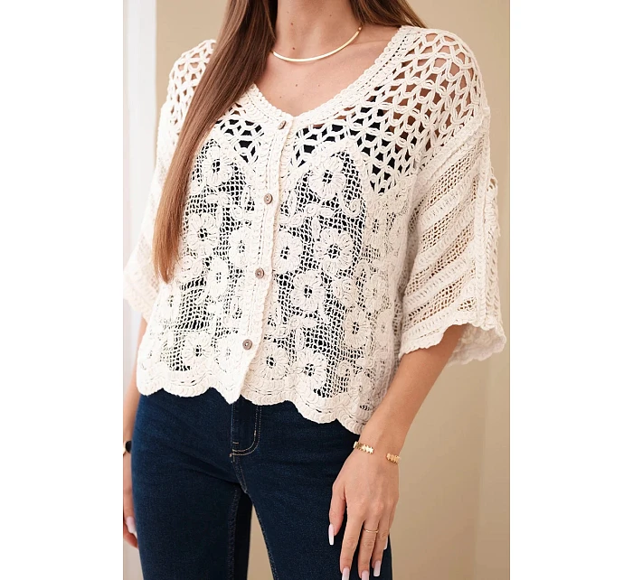 Dámský bavlněný prolamovaný svetr zapínaný na knoflíky s krátkým rukávem béžový