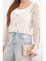 Dámský bavlněný ažurový svetr zapínaný na knoflíky s výstřihem do V béžový