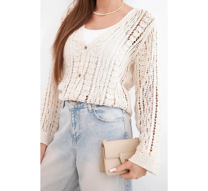 Dámský bavlněný ažurový svetr zapínaný na knoflíky s výstřihem do V béžový
