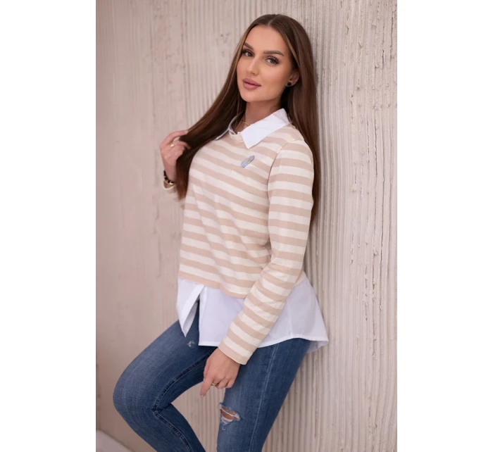 Pruhovaná bavlněná halenka s límečkem světle béžová+tmavě béžová Pruhovaná bavlněná halenka s límečkem světle béžová+tmavě béžová