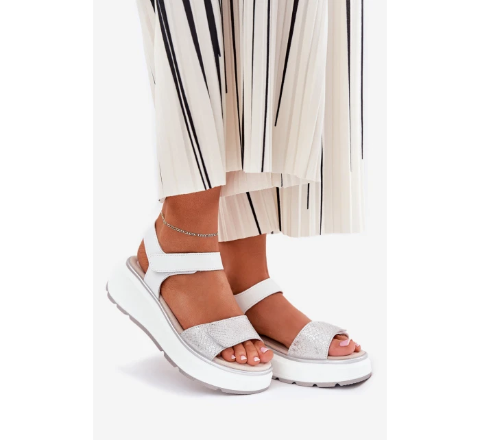 Dámské Kožené Sandály Na Platformě A Klínu Na Suchý Zip model 21690910 Stříbrné - S.Barski