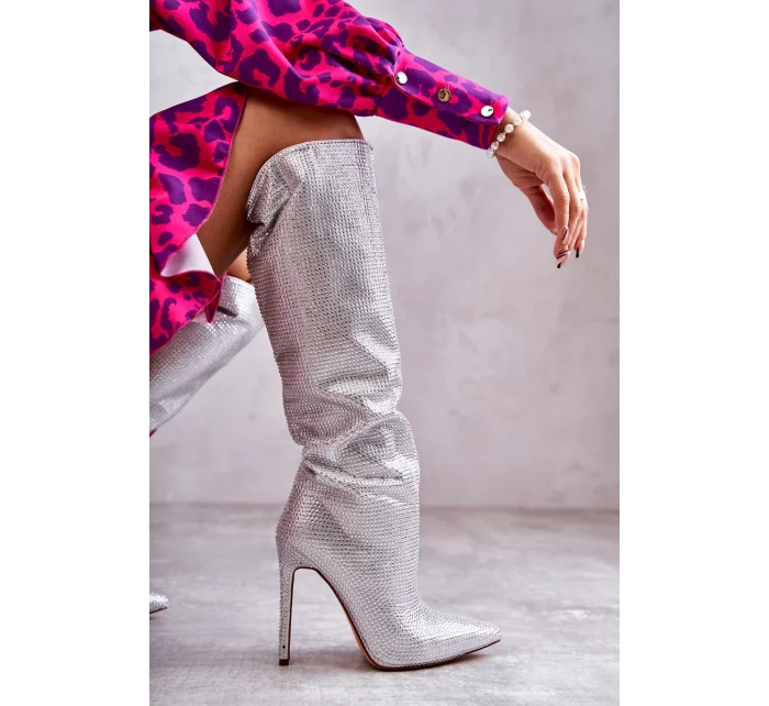 Módní kozačky na vysokém podpatku s kubickými zirkony stříbrne Lovisa