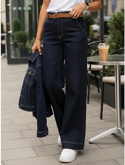 Dámské džíny s širokou nohavicí a páskem tmavě modré FashionStreet UY2926