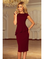 Elegantní dámské midi šaty v bordó barvě s volánkem model 6261782