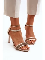 model 21652356 Dámské Kožené Sandály Na Podpatku Zlaté - Zazoo