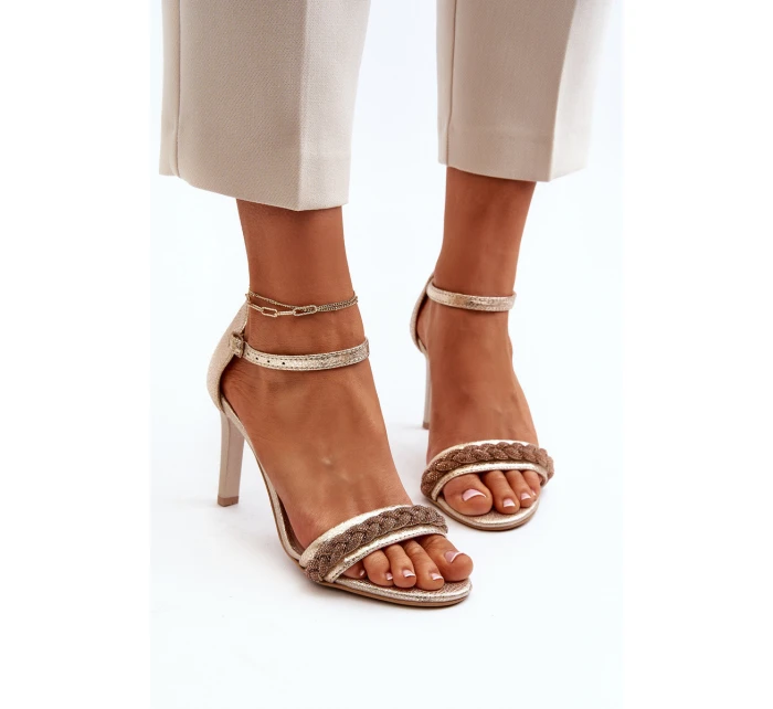 model 21652356 Dámské Kožené Sandály Na Podpatku Zlaté - Zazoo
