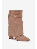 Zateplené dámské kotníkové boty na podpatku s ozdobným páskem khaki model 21715357 - Boto