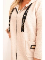 Dámský kabát Plus Size z umělého beránka s kapucí a kapsami béžový