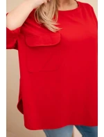 Dámská blůza Plus Size s bavlnou, kapsou a ohrnutým rukávem červená