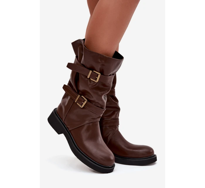 Vlněné dámské kozačky do poloviny lýtka s pásky a přezkami hnědé Halvessa