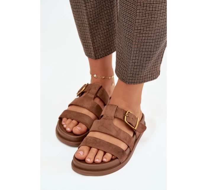 Dámské pantofle s pásky a zlatým sponou, hnědé Ulirissa Dámské pantofle s pásky a zlatým sponou, hnědé Ulirissa