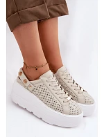 Kožené síťované dámské tenisky na platformě s páskem na podpatku D&A LR61-7088 béžové