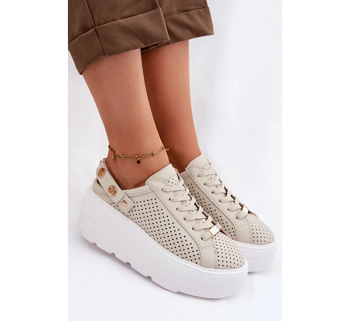 Kožené síťované dámské tenisky na platformě s páskem na podpatku D&A LR61-7088 béžové