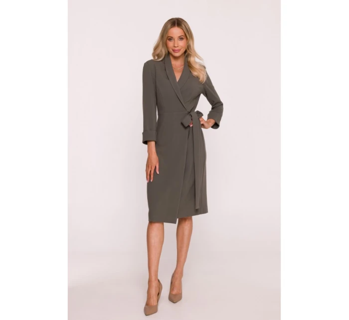S415 Košilové šaty vázané v pase - khaki barva