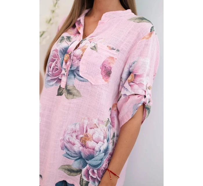 Dámská bavlněná halenka s květinovým vzorem bonbónově růžová