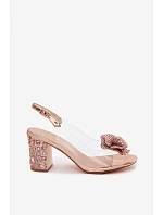 Průhledné sandály na podpatku s krystaly model 22133634 Růžové Zlaté - D&A