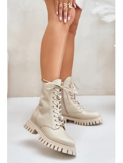 Kožené botky worker s přívěsky na zip CheBello 4553 Béžové