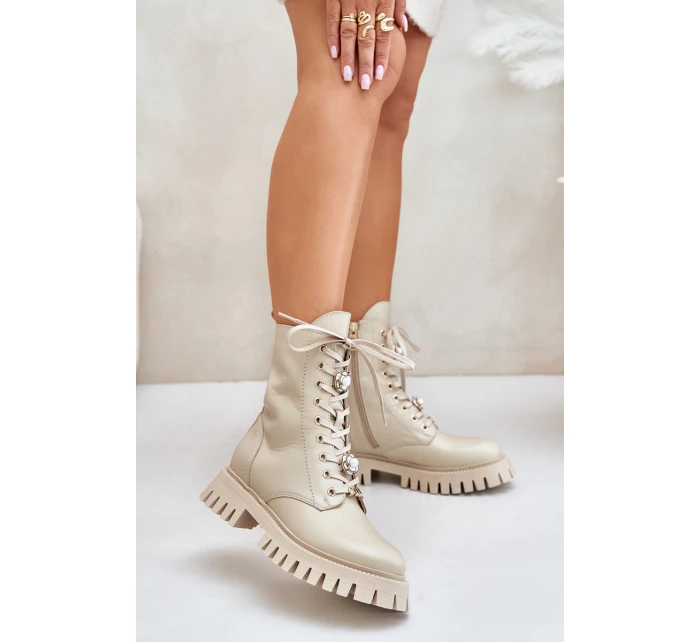 Kožené botky s na zip  Béžové model 21675548 - CheBello