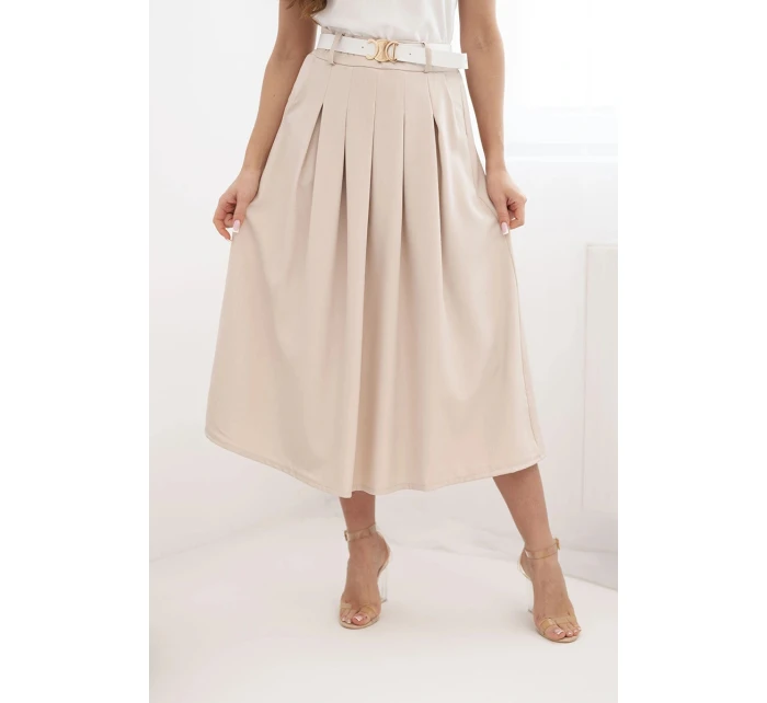 Dámská viskózová sukně s páskem a záhyby tmavě béžová