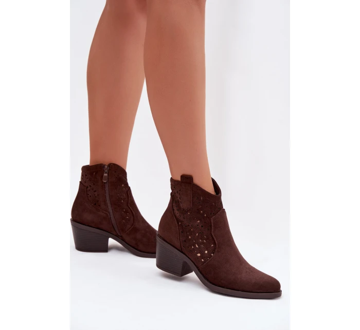 Dámské perforované kotníkové boty boty na podpatku  Čokoládové model 22007407 - S.Barski