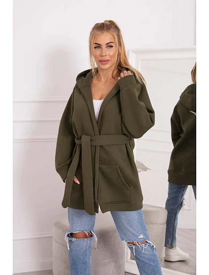 Zateplená bunda s vázáním v pase khaki barvy