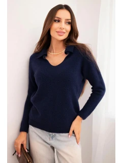 Dámský svetr z baby alpak s límcem a V výstřihem modrý