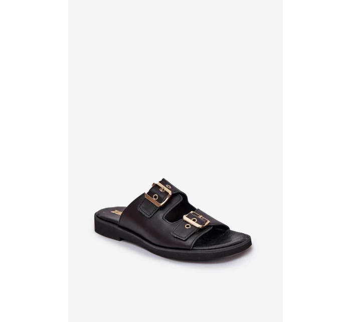 Kožené Ploché Pantofle S Přezkami Zazoo 3020 Černé