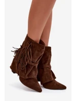 Dámské kotníkové boty na podpatku s třásněmi a zlatými hnědé Damskie model 21757504 - Boto Dámské kotníkové boty na podpatku s třásněmi a zlatými hnědé Damskie model 21757504 - Boto