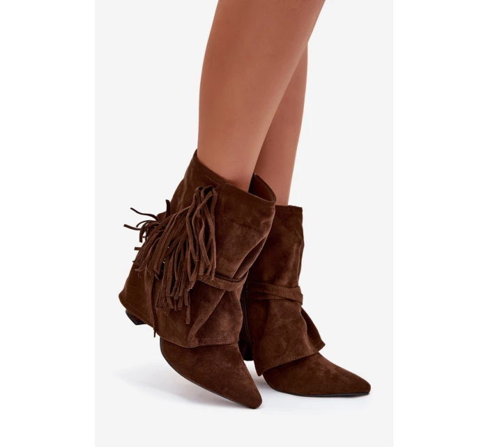 Dámské kotníkové boty na podpatku s třásněmi a zlatými hnědé Damskie model 21757504 - Boto Dámské kotníkové boty na podpatku s třásněmi a zlatými hnědé Damskie model 21757504 - Boto