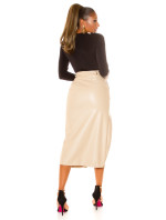 Sexy Highwaist Leather Look Midi Skirt with Leg Slit