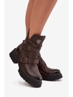 Kožené zateplené dámské boty s přezkami a ozdobným detailem model 21707567 čokoládové - Zazoo