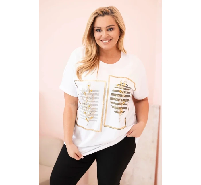 Dámská bavlněná halenka Plus Size s kamínky bílá + khaki