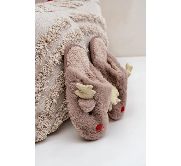 Vánoční Pantofle S Motivem Sobíka Kožešinové Tmavě Béžové Asielle Vánoční Pantofle S Motivem Sobíka Kožešinové Tmavě Béžové Asielle