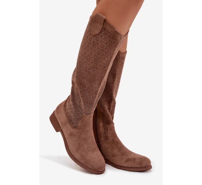 Dámské kozačky s perforovaným vzorem na nízkém podpatku S.Barski HY61-8022 Hnědé