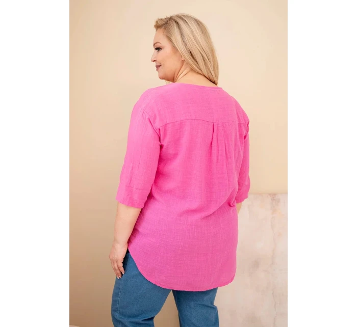 Dámská bavlněná halenka Plus Size s výstřihem na knoflíky růžová
