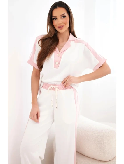 Dámský komplet s polo mikinou a širokými kalhotami máslový pudrově růžová