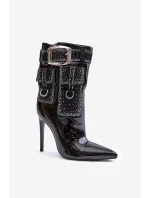 Ozdobené botky z lakované eko kůže na jehlovém podpatku černé