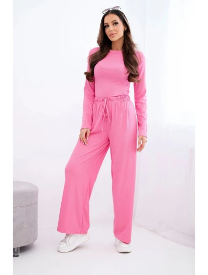 Dámský viskózový komplet s halenkou a širokými kalhotami světle růžový