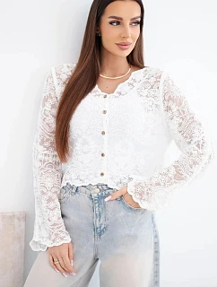 Dámský bavlněný krajkový svetr zapínaný na knoflíky s dlouhým rukávem bílý