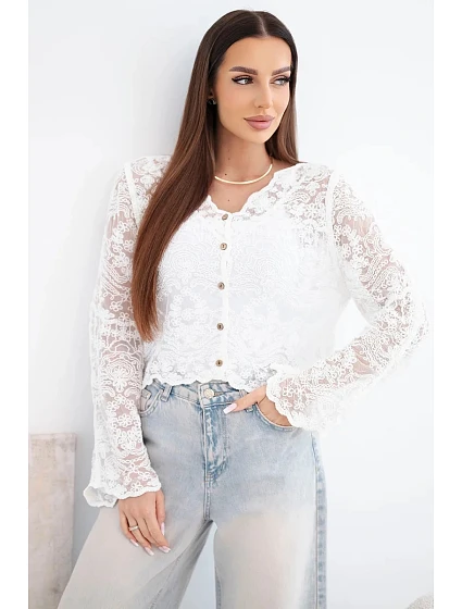Dámský bavlněný krajkový svetr zapínaný na knoflíky s dlouhým rukávem bílý